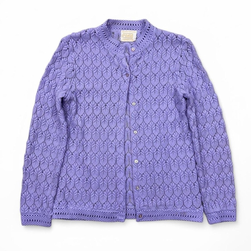 Vintage 1960’s Carol Brent Lavender Purple Crochet Button Up Sheer Sweater SizeS